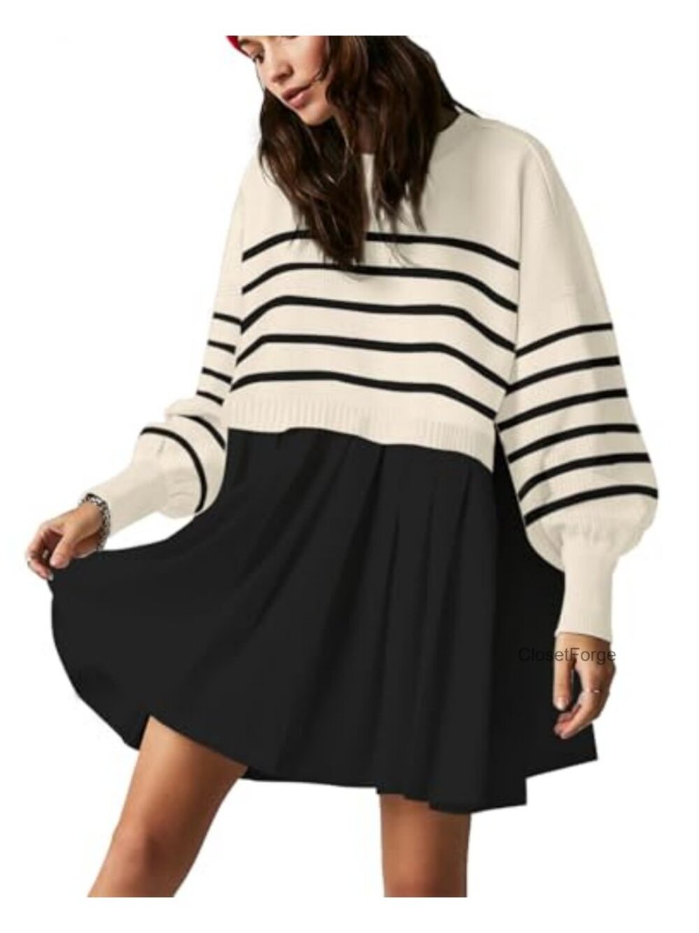 Oversized Sweater Dress Long Sleeve Crew Neck Striped Mini Dress